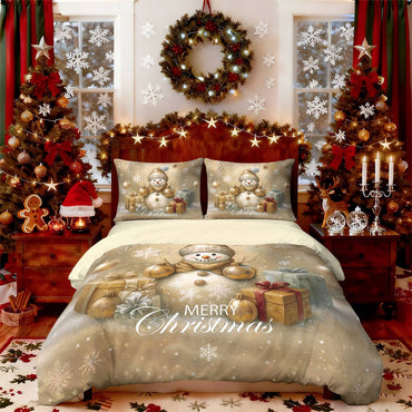 3pcs Golden Christmas Snowman Printed Chipless Bedding Set Soft Dormitory Bedroom Multiple Sizes Machine Washable