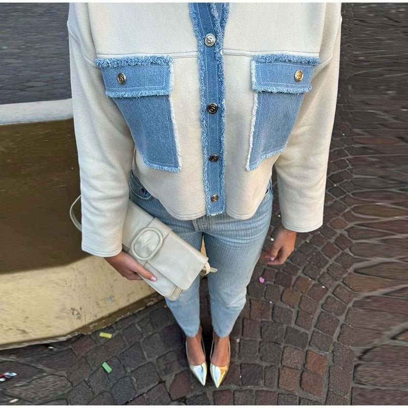 Women 's Jackets Laple Denim Patchwork Fringes Big Pockets Single Breasted Long Sleeve Coat Female 2025 Spring New Lady Outwears