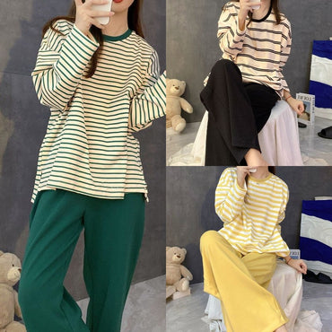 Women's Fall Pajamas with Chest Pads Striped Long Sleeve Plus Size O-Neck Simple Casual Fashion Korean School Pajamas Homewear