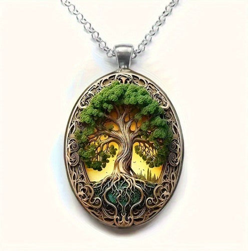 New Fashionable and Elegant Tree of Life Pattern Elliptical Glass Alloy Pendant Necklace Jewelry Wholesale