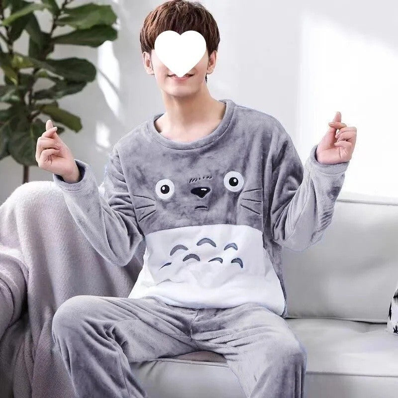 Thickened Flannel Sleepwear Set for Men Winter Home Clothes Coral Fleece Lined Autumn Winter Style Overhead Mens Nightgown