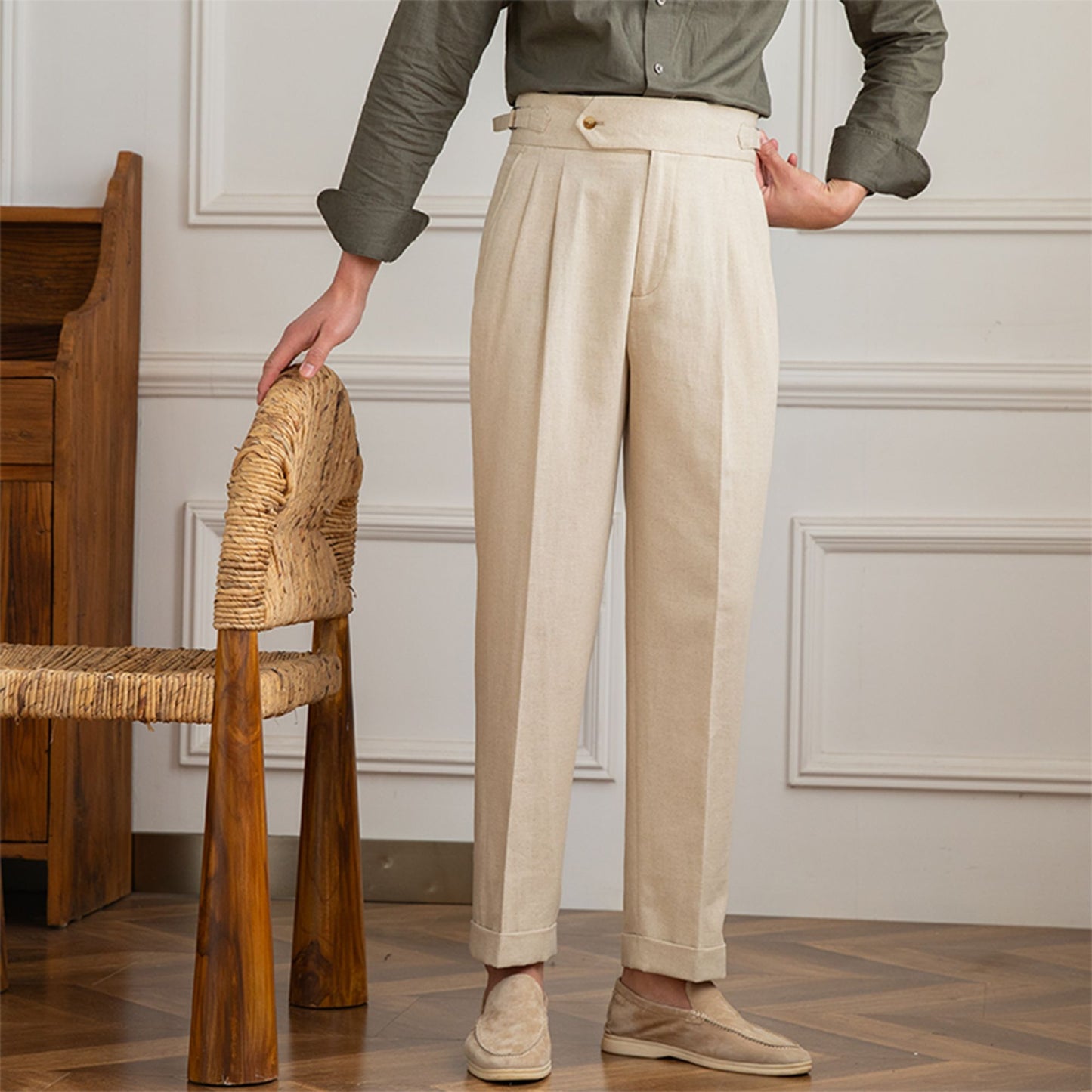 Three Gentleman Summer Naples Casual Straight Pants Men's Commuting Cotton and Linen Comfortable Breathable High Waist Pants