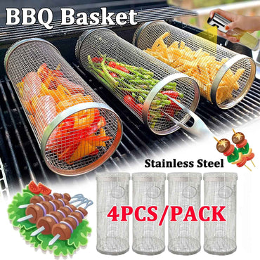 1-4pcs Rolling Grilling Basket Stainless Steel BBQ Grill Basket Mesh Portable Outdoor Camping Barbecue Rack kitchen accessories