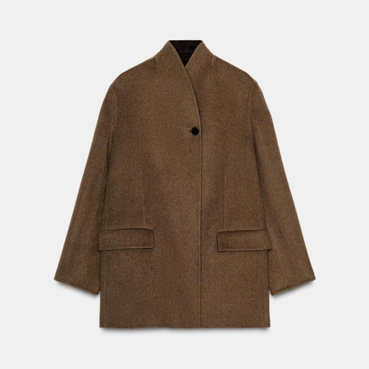 Fashion Brown Wool-blend Coat Women Stand Collar Long Sleeve One Button Pocket Warm Jacket 2025 Autumn Lady Chic Outwears New