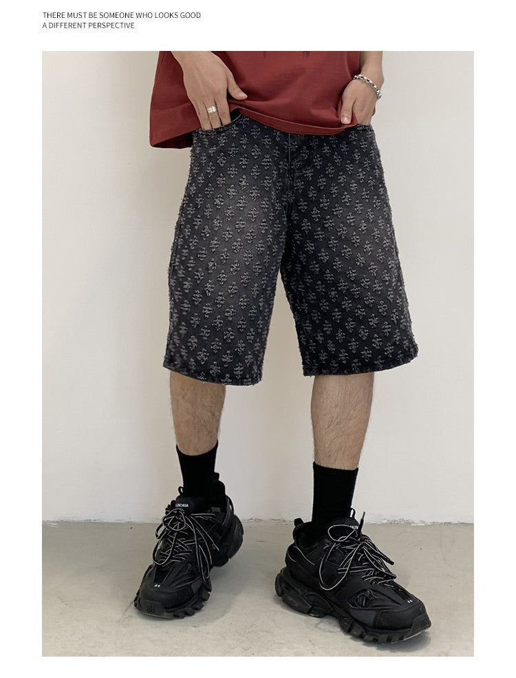 New Summer Men Distressed Short Jeans Vintage Jacquard Straight Leg Men's Denim Shorts Pants