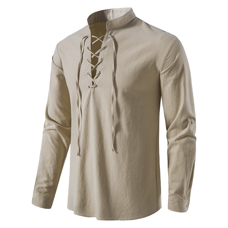 King Billion Men's Shirts Casual Men Cotton Linen Long Sleeve T-shirt Spring Autumn Vintage Shirt US Size Drawstring Neck