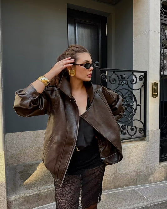 NERHEFZ Women Leather Jacket with Zipper Autumn Asymmetry Turn Down Collar Long Sleeve Button Lady Coats Causal Female Chic Tops