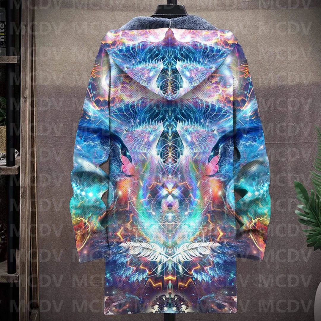 Men's Retro Print Plush Thick Long-Sleeved Coat Cardigan Psychedelic 3D Prined Fleece Hooded Overcoat Unisex Thick Warm Jacket