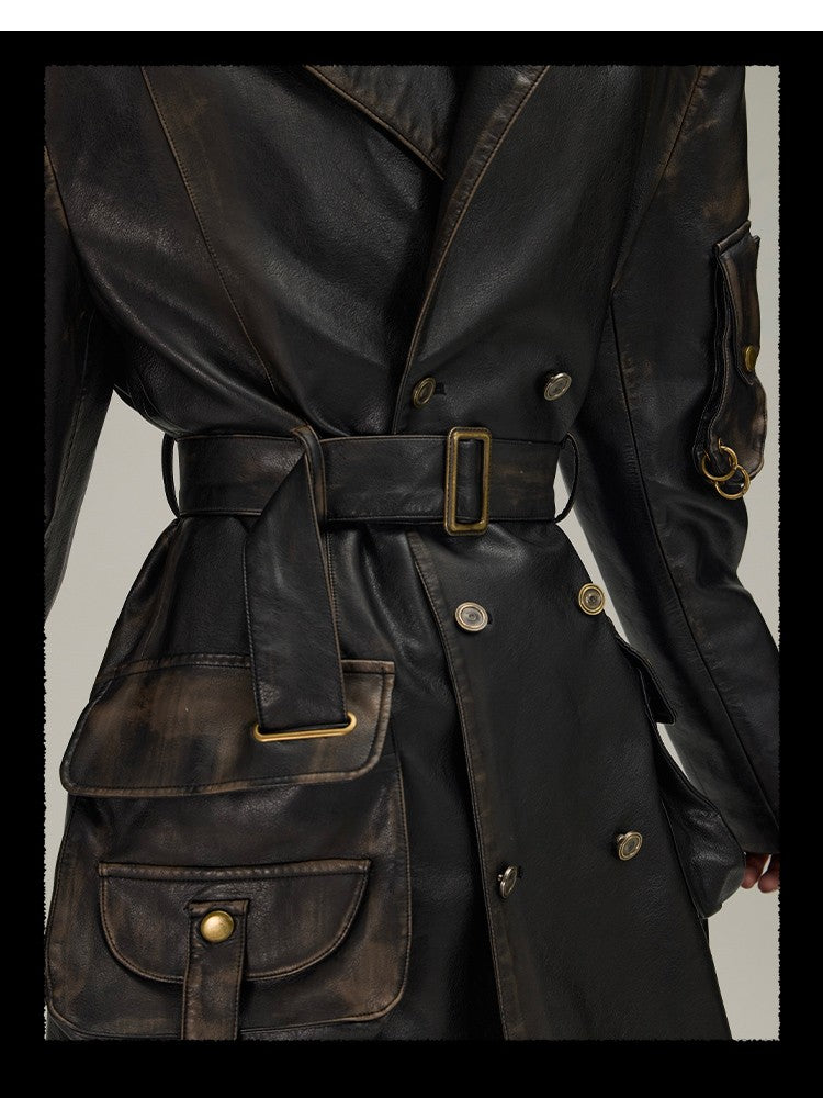 Mauroicardi Spring Autumn Long Distressed Black Pu Leather Trench Coat Men Belt Double Breasted Luxury European Fashion 2023