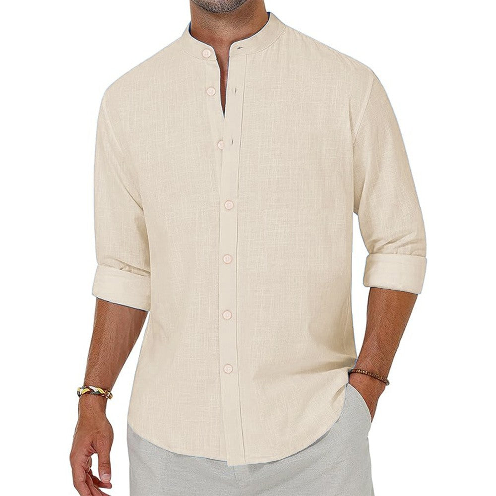Men's Cotton Linen Shirts Long Sleeve Button Down Shirt Henley Collar Beach Shirts Hawaiian Vacation Casual Tops Men