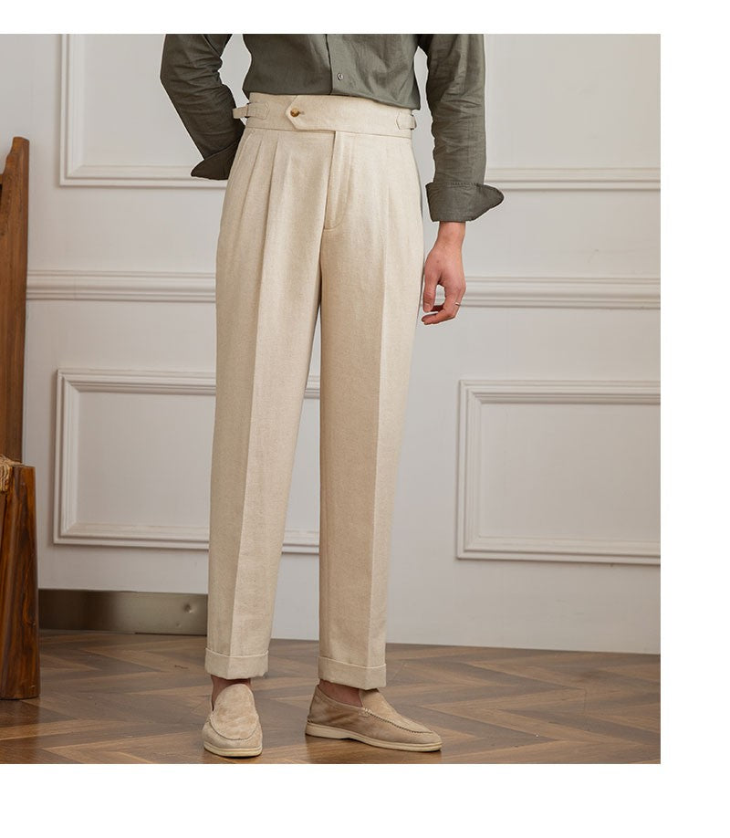 Three Gentleman Summer Naples Casual Straight Pants Men's Commuting Cotton and Linen Comfortable Breathable High Waist Pants