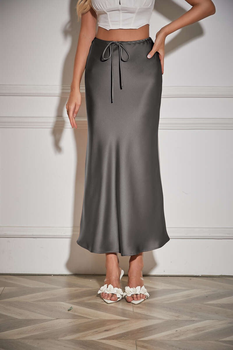 New In 2025 Spring Summer Solid Color Satin Long Skirt For Women High Waist Lace