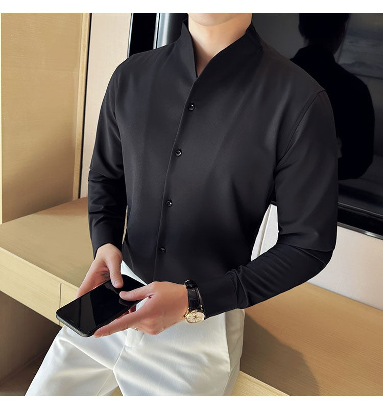 Advanced Sexy V-neck Men's Long Sleeved Shirt Designer Stand Up Collar Shirt Business Social Slim Fit Black and White Top