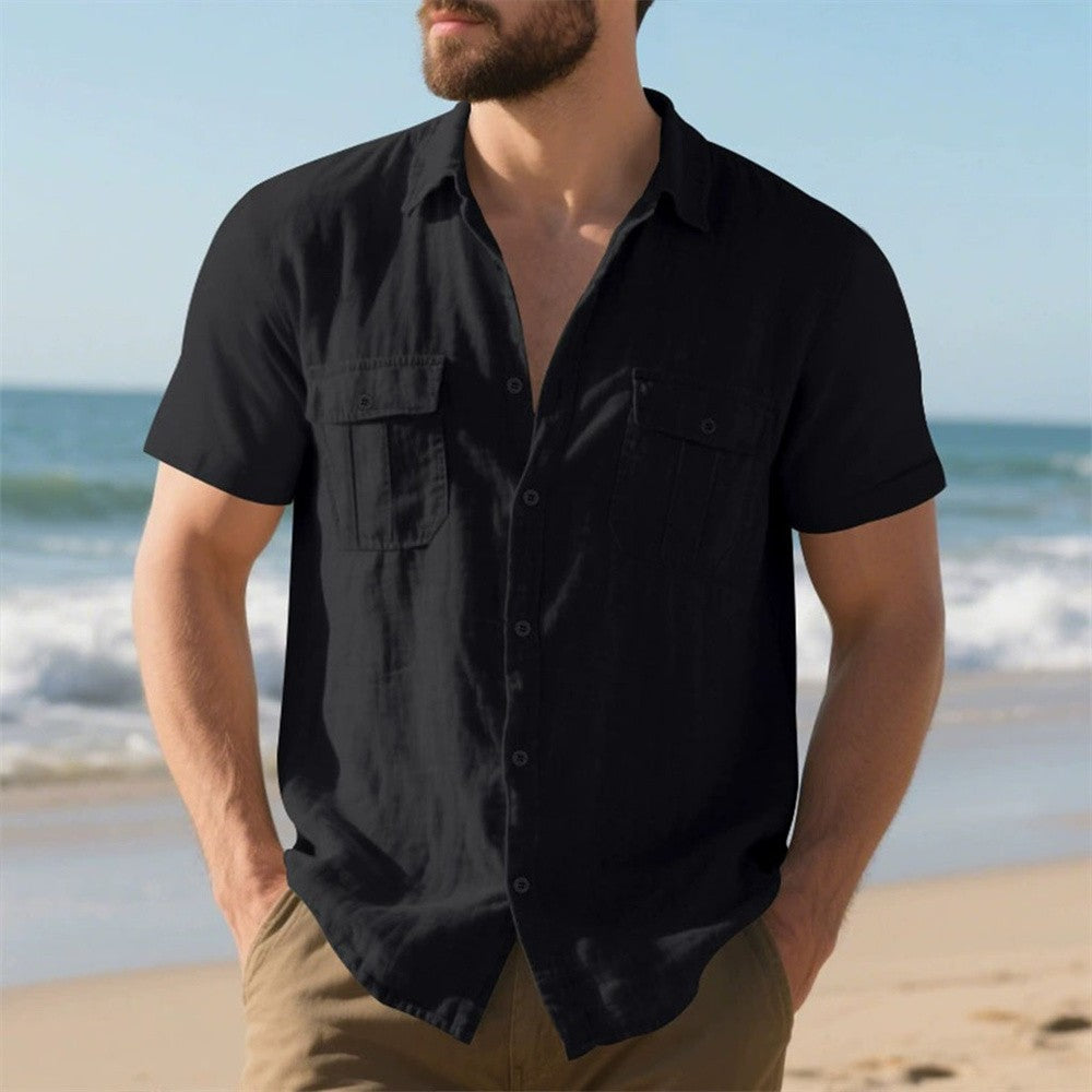 Summer Men's Cotton Linen Short Sleeve Shirt Double Pocket Solid Color Cargo Shirts Casual Vacation Beach Style Lightweight Tops