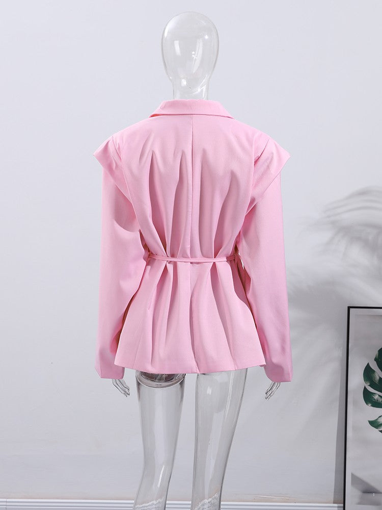 Lace Up Shoulder Pad Blazer Coat Women Elegant Turn-down Collar Long Sleeve Pockets Slim Fit Coats Chic Ladies Commute Outerwear