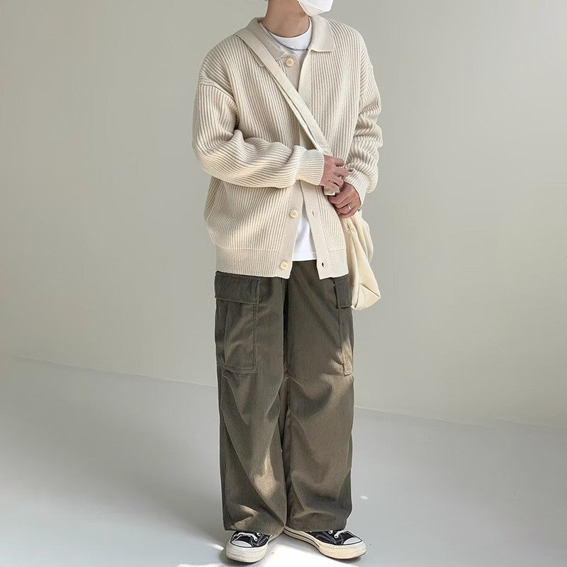 Autumn Winter Men's Knitwear Cardigan Sweater Male Solid Color Turn-Down Collar Sweater Coats Y2K Hip-Hop Streetwear Cardigan