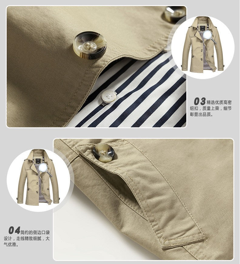 Men's Spring and Autumn New Fashion Casual Cotton Trench Coat, Solid Color Lapel Single-breasted Mid-long Splicing Trench Coat