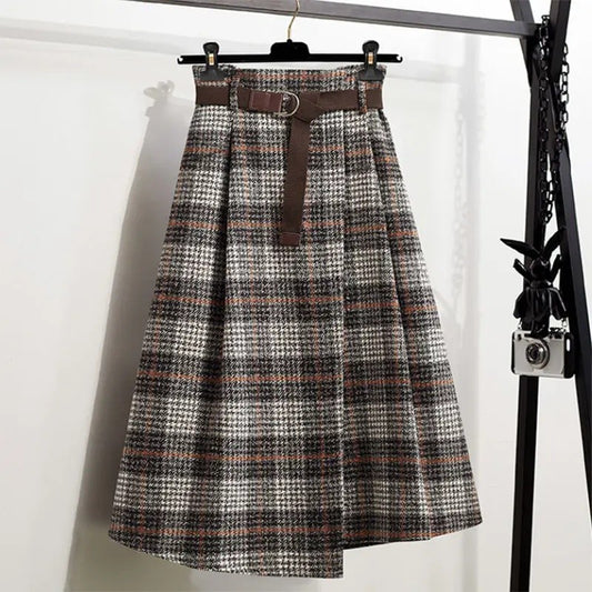 WoolenPlaid Irregular Large-Length Skirt New Spring-Autumn Vintage High-Waisted Slimming Medium-Length Women's Skirt