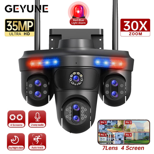 Câmera IP WiFi GEYUNE 35MP 4 Telas 7 Lentes Zoom 10X Câmera de Segurança PTZ Sem Fio Externa Câmera de Vigilância CCTV com Rastreamento Automático