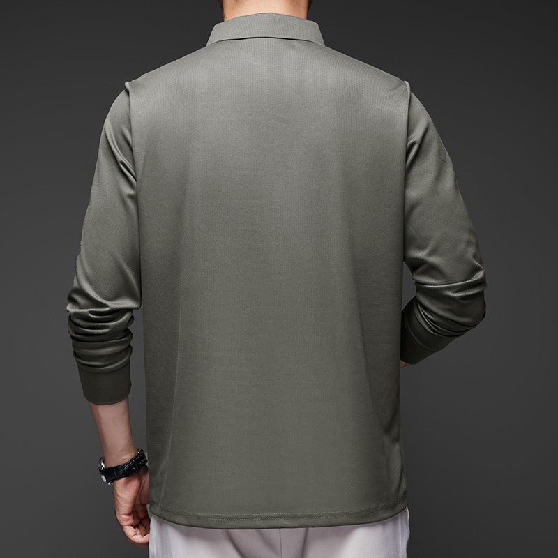 New Men's Business Casual Long Sleeved Shirt with Badge Solid Color Polo Shirt Fashionable Breathable Comfortable Versatile Top