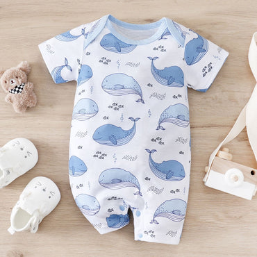 IURNXB Baby Romper Short Sleeve Infant Whale Print Bodysuit Newborn Cartoon Allover Printed Onesie for Boy's Clothing 0-18M