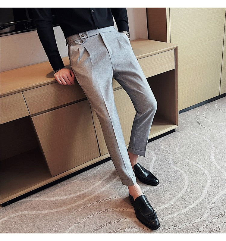 British Style Spring New Solid Business Casual Suit Pants High Waist Button Men Formal Pants High Quality Slim Office Trousers