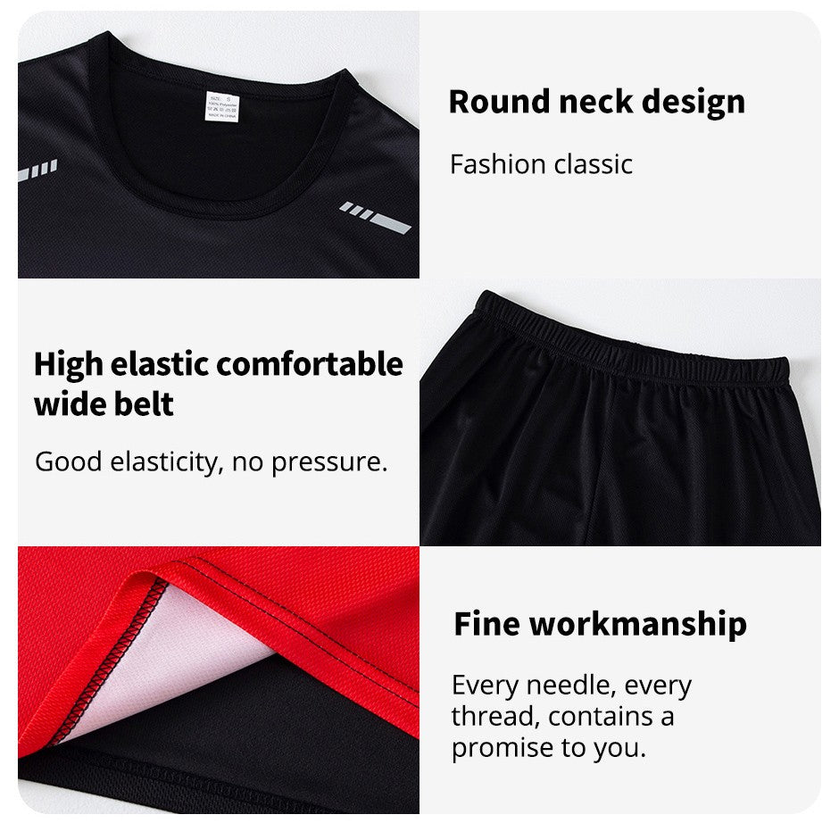 2-Piece Teenagers To Adults Parent-child Quick-drying Short-sleeved Sports Suit Men's Casual Round Neck Shirt Elastic Waist Pant