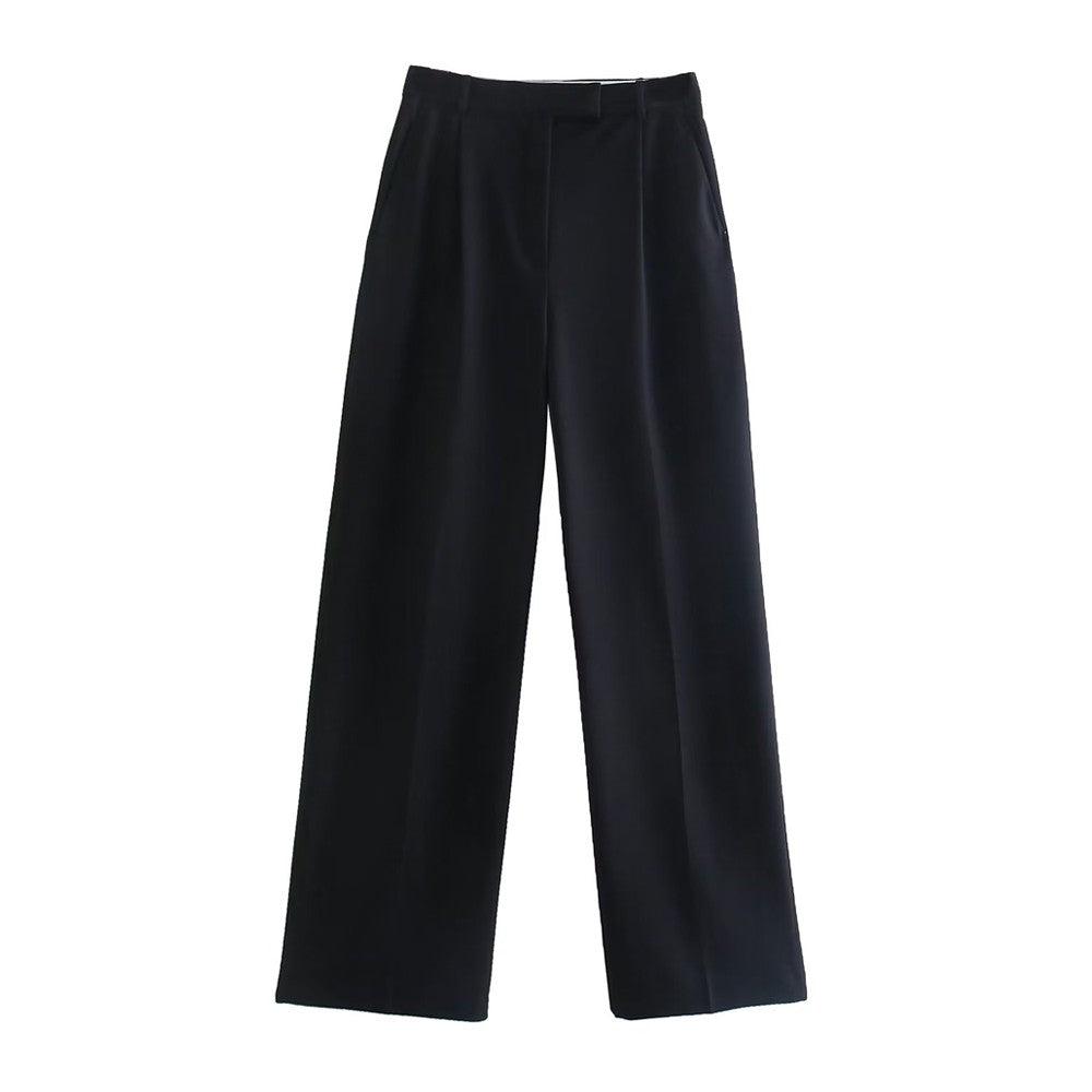 TRZA Women Fashion With Darts Front Pockets Wide Leg Pants Vintage High Waist Zi