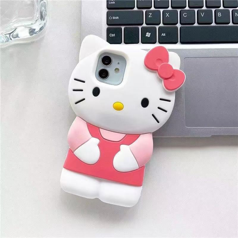Capa de Silicone 3D Gato com Laço para iPhone 17 Pro Max 16 15 14 Plus 13 Mini 12 11 7 8 4 4S 5 5S X XR SE