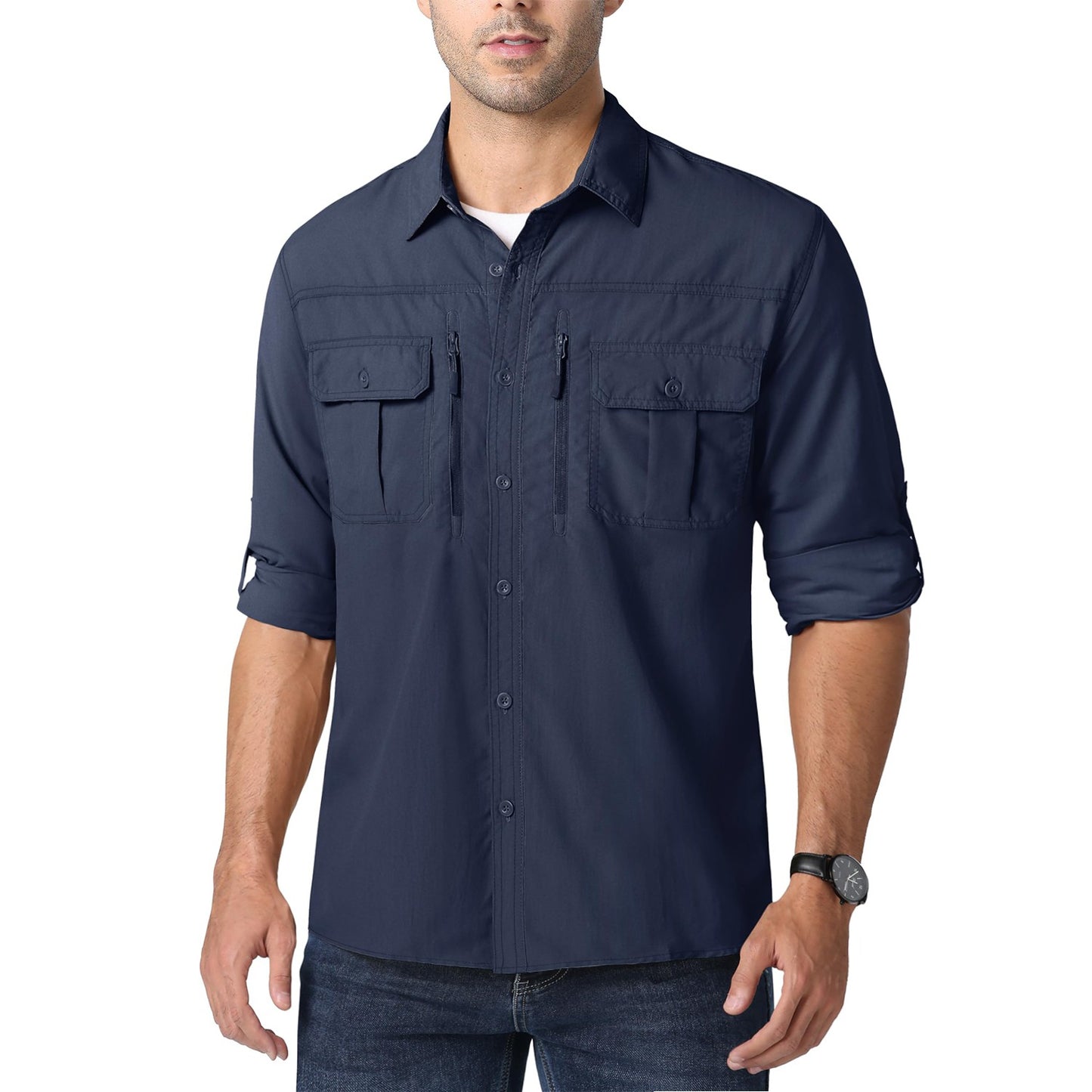 MAGCOMSEN UPF 50+ Mens Quick Dry Cargo Shirts Mesh Breathable Long Sleeve Work Shirts UV block Outdoor Hiking Fishing Shirts