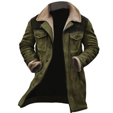 Mens Vintage Suede Coat Lamb Fleece Lined Patchwork Design Reverse Collar Multi Pocket Military Aviator Jacket Outdoor Winter