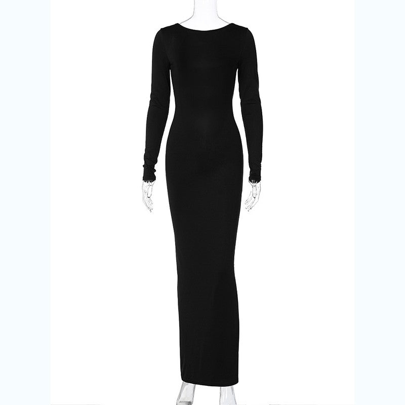 Hugcitar Spring Elegant Long Sleeve Backless Solid Cuched Sexy Bodycon Maxi Prom