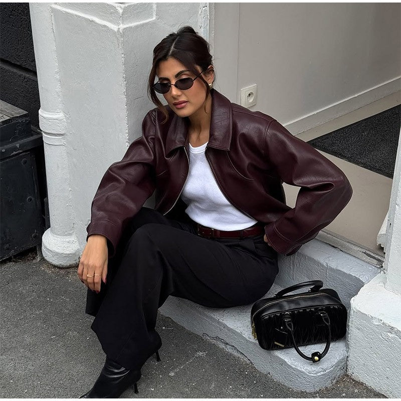 Full Sleeve Cropped Women Casual Slim Thin Motorcycle Coat Chic Zipper Lapel Wine Red Leather Jacket Lady New Highstreet Outwear