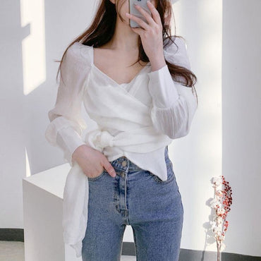 2023 Design Long Sleeve Shirt Women's V-neck Pleated Waist Top Blusas Clothes for Women Tops Shirts Blouses