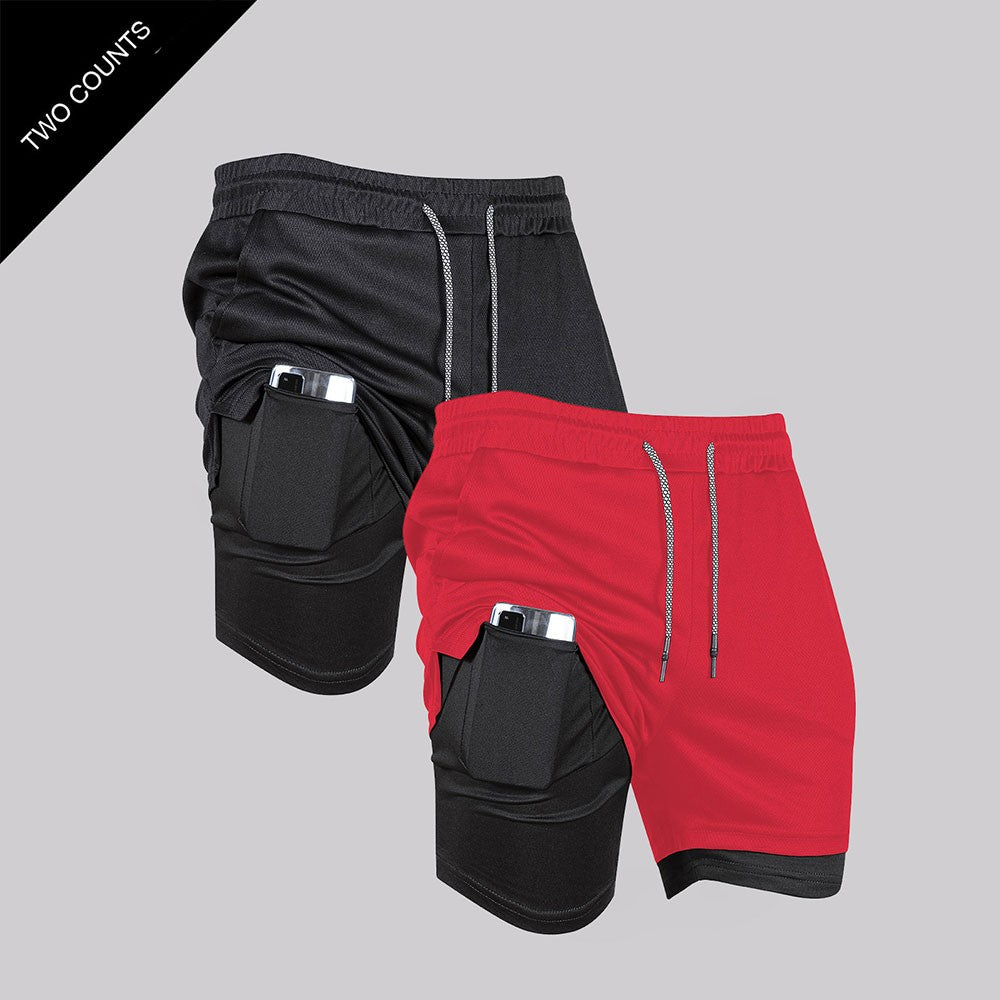 Men's Double Layer Fitness Shorts Men Fitness Gym Training 2 in 1 Sports Shorts Quick Dry Workout Jogging Double Deck Summer