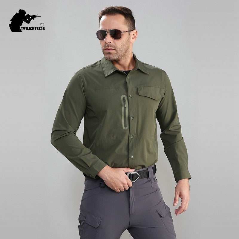 Stretch Men's Shirt Multiple Pockets Quick Drying Shirts High Quality Male Elastic Tooling Shirt Men Clothing Casual Shirts AF54