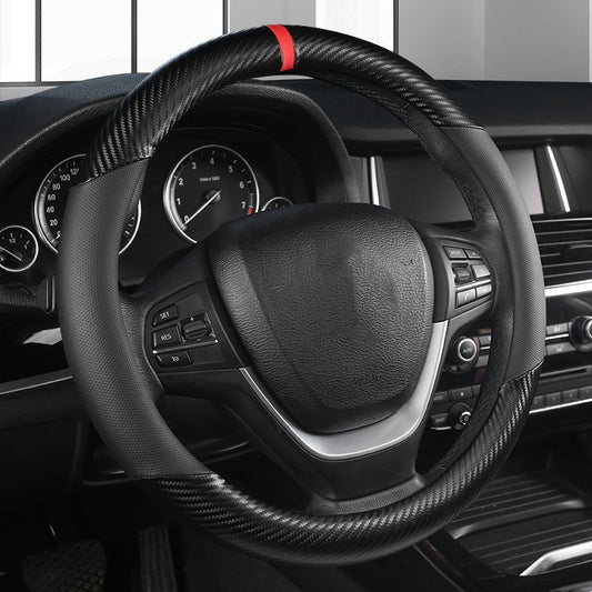 Black Leather 15'' Car Steering Wheel Cover Breathable Anti Slip Auto Protection O Shape