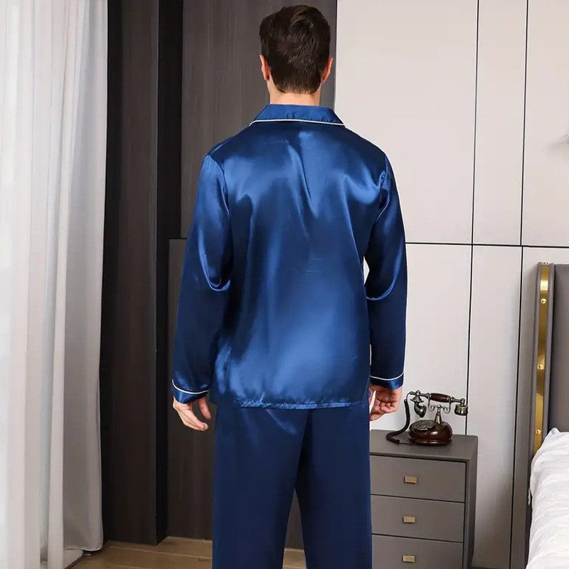 2PCS/Set Plus Size Solid Long-Sleeved Pyjamas Men Spring and Autumn Silk Sleepwear Homewear Cardigan Lapel Trousers Nightwear