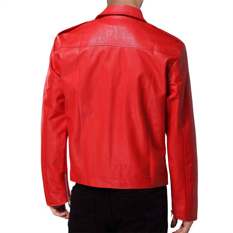 Men Business Casual Red Imitation Leather Jacket 2025 New Fashion Male Oblique Zipper Biker Coats