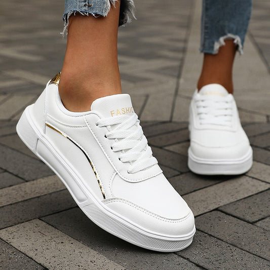 Women's Casual White Sneakers Chic Silver Trim Soft Lining Non Slip Shoes New Minimalist Design PU Leathe Skate Shoes for Women