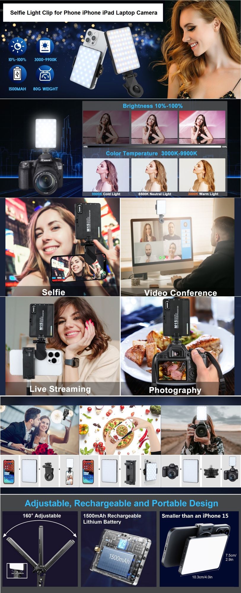 Luz de Selfie com Clipe no Celular para iPhone iPad Laptop Câmera LED Telefone Luz de Preenchimento com Clipe para Vídeo Tiktok Maquiagem