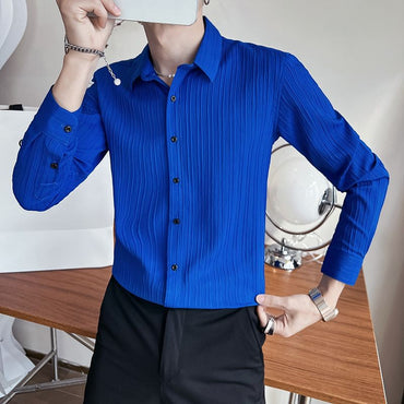 Streetwear Fashion Korean Clothing Solid Shirts Spring Autumn Men Long Sleeve Striped Lapel Single Sockets Business Casual Tops
