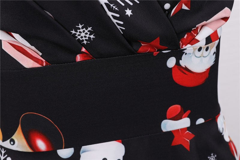 Fashion V-neck Short Sleeve Printed Christmas Dress Large Swing Vintage Elegant Xmas Party Dress