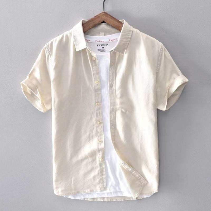 Short Sleeve Linen Shirt Men Simple Casual Retro Loose Style Youth Thin Basic Half Sleeve Cotton Linen Clothing