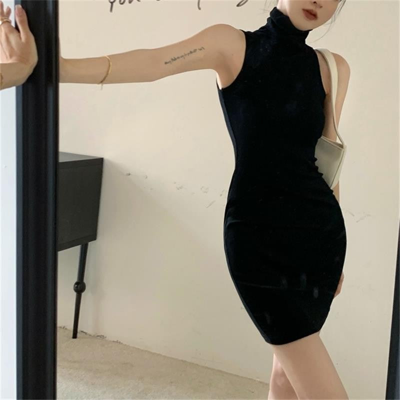 Summer Sexy High Neck Tight Dress Oversleeve Pleated Bottom Wrapped Hip Dress Wo