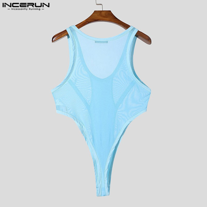 INCERUN American Style Bodysuits Fashion Mens Mesh Splicing Side High Slit Triangle Jumpsuits Sexy Homewear Sleeveless Jumpsuits