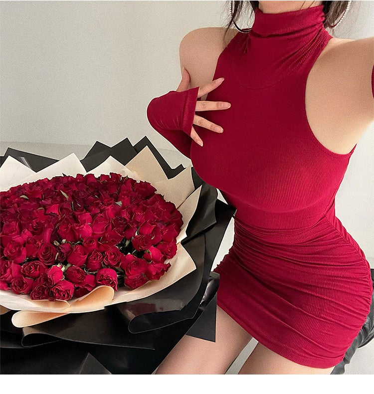 Summer Sexy High Neck Tight Dress Oversleeve Pleated Bottom Wrapped Hip Dress Wo