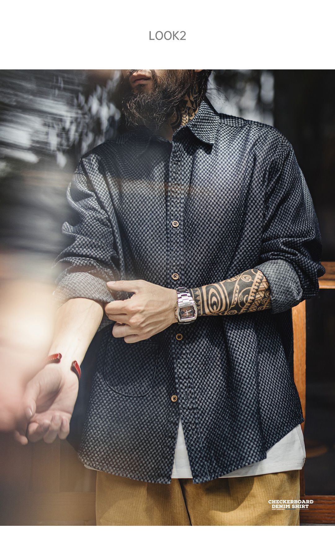 Maden Retro Checkered Long-sleeved Denim Shirt Loose Lapel Single-breasted Jacket for Men Spring and Fall Versatile Outerwear