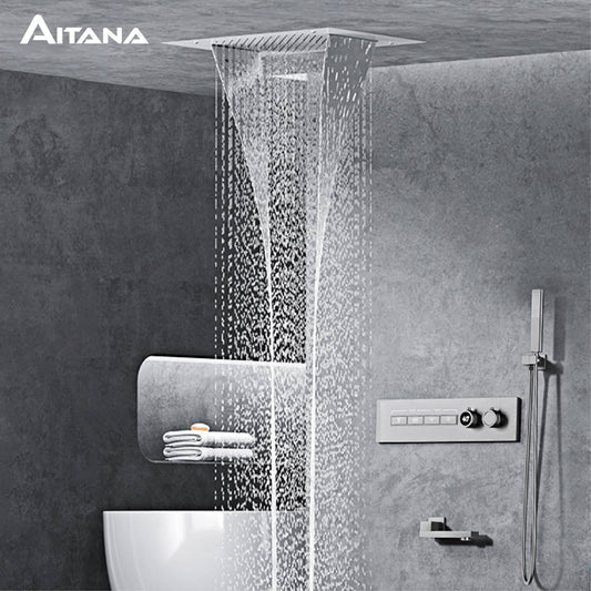 Luxury black brass shower system wall-mounted LED digital display design Cold & hot dual-control 4-function ceiling shower Tap