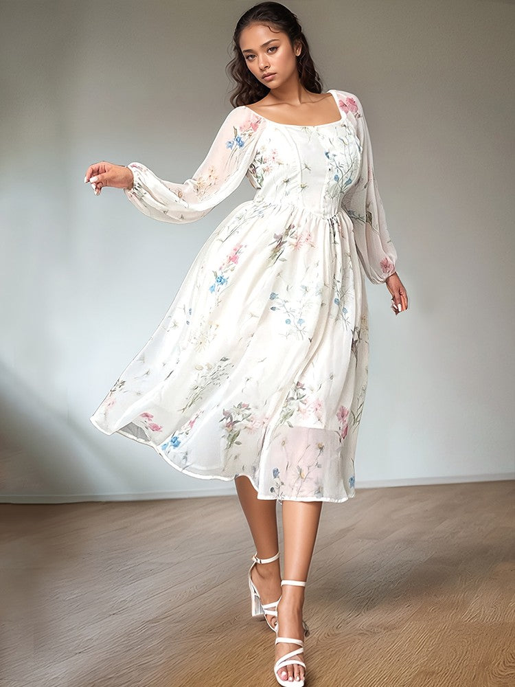 Sexy Semi-Transparent Square Neck Long Sleeve Plus Size Dress Elegant Flower Print Midi Dress On Sale Clearance Party Dresses